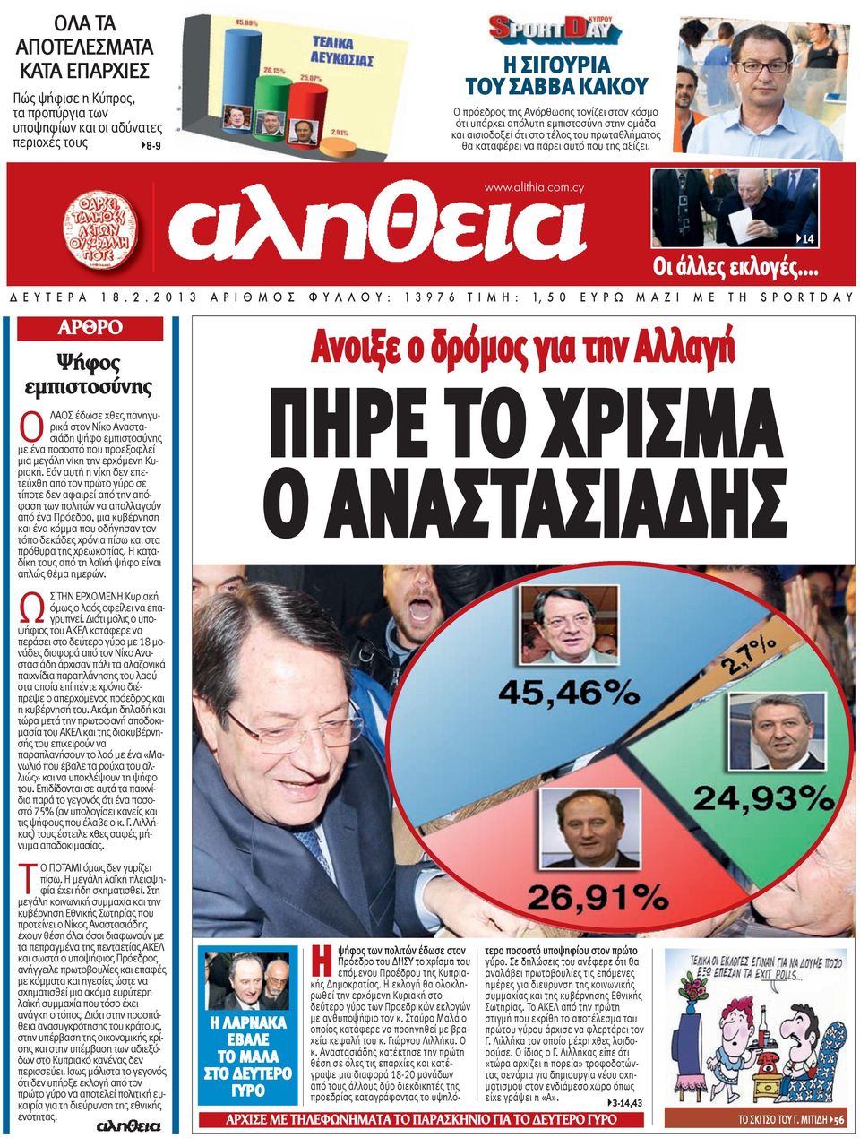 2 0 1 3 Α Ρ Ι Θ Μ Ο Σ Φ Υ Λ Λ Ο Υ : 1 3 9 7 6 Τ Ι Μ Η : 1, 5 0 Ε Υ Ρ Ω Μ Α Ζ Ι Μ Ε Τ Η S P O R T D A Υ ΑΡΘΡΟ Ψήφος εμπιστοσύνης ΟΛΑΟΣ έδωσε χθες πανηγυρικά στον Νίκο Αναστασιάδη ψήφο εμπιστοσύνης με