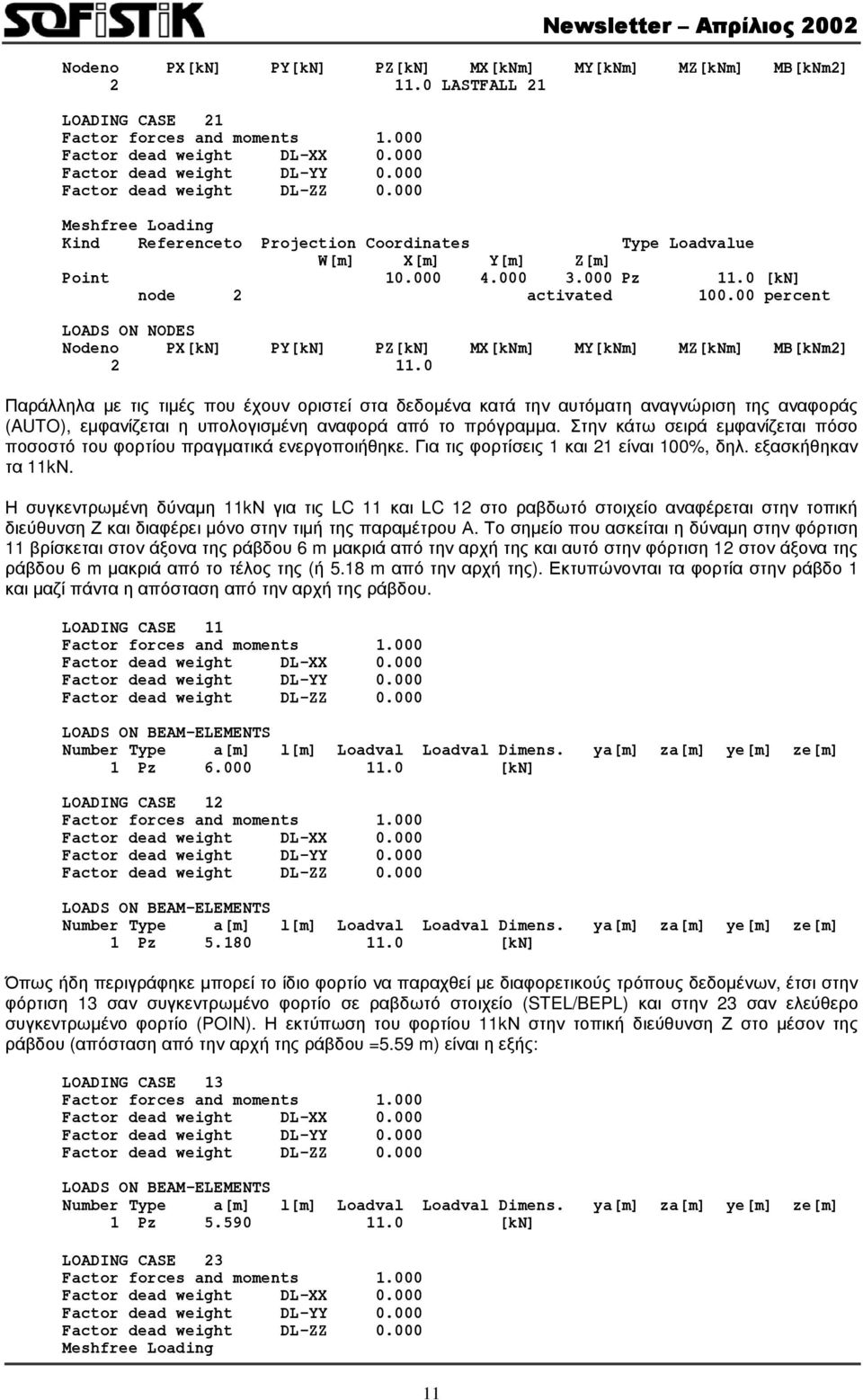 00 percent LOADS ON NODES Nodeno PX[kN] PY[kN] PZ[kN] MX[kNm] MY[kNm] MZ[kNm] MB[kNm2] 2 11.