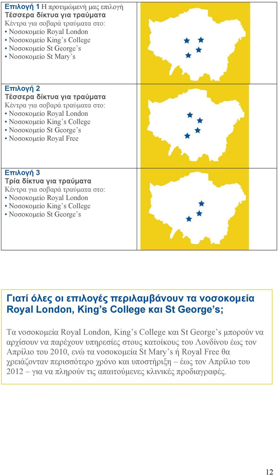 για σοβαρά τραύµατα στο: Νοσοκοµείο Royal London Νοσοκοµείο King s College Νοσοκοµείο St George s Γιατί όλες οι επιλογές περιλαµβάνουν τα νοσοκοµεία Royal London, King s College και St George s; Τα