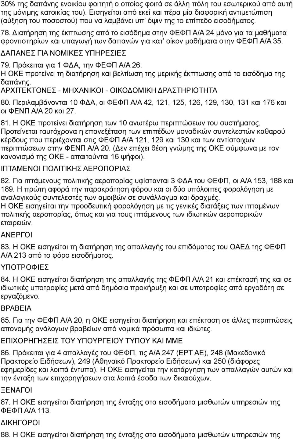 Διατήρηση της έκπτωσης από το εισόδημα στην ΦΕΦΠ Α/Α 24 μόνο για τα μαθήματα φροντιστηρίων και υπαγωγή των δαπανών για κατ οίκον μαθήματα στην ΦΕΦΠ Α/Α 35. ΔΑΠΑΝΕΣ ΓΙΑ ΝΟΜΙΚΕΣ ΥΠΗΡΕΣΙΕΣ 79.