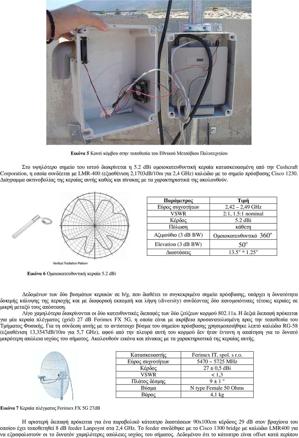 ιάγραµµα ακτινοβολίας της κεραίας αυτής καθώς και πίνακας µε τα χαρακτηριστικά της ακολουθούν. Παράµετρος Τιµή Εύρος συχνοτήτων 2,42 2,49 GHz VSWR 2:1, 1.5:1 nominal Κέρδος 5.