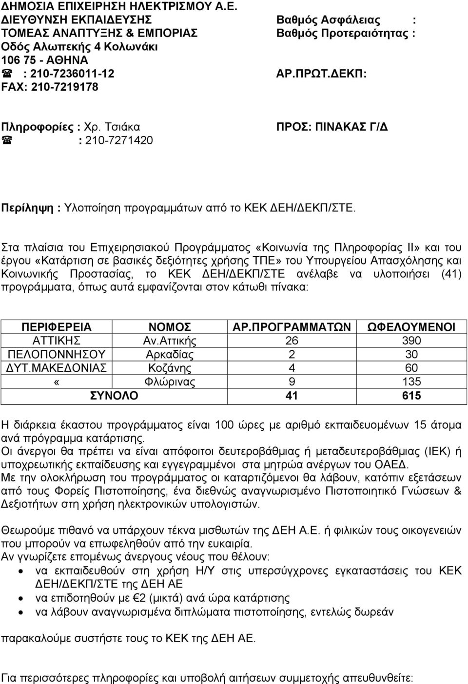 Στα πλαίσια του Επιχειρησιακού Προγράµµατος «Κοινωνία της Πληροφορίας ΙΙ» και του έργου «Κατάρτιση σε βασικές δεξιότητες χρήσης ΤΠΕ» του Υπουργείου Απασχόλησης και Κοινωνικής Προστασίας, το ΚΕΚ ΕΗ/