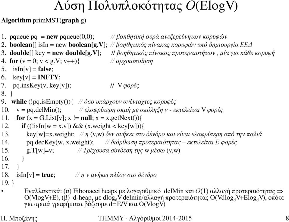 isin[v] = false;. key[v] = INFTY;. pq.inskey(v, key[v]); // V θνξέο 8. } 9. while (!pq.isempty()){ // όζν ππάξρνπλ αλέληαρηεο θνξπθέο. v = pq.