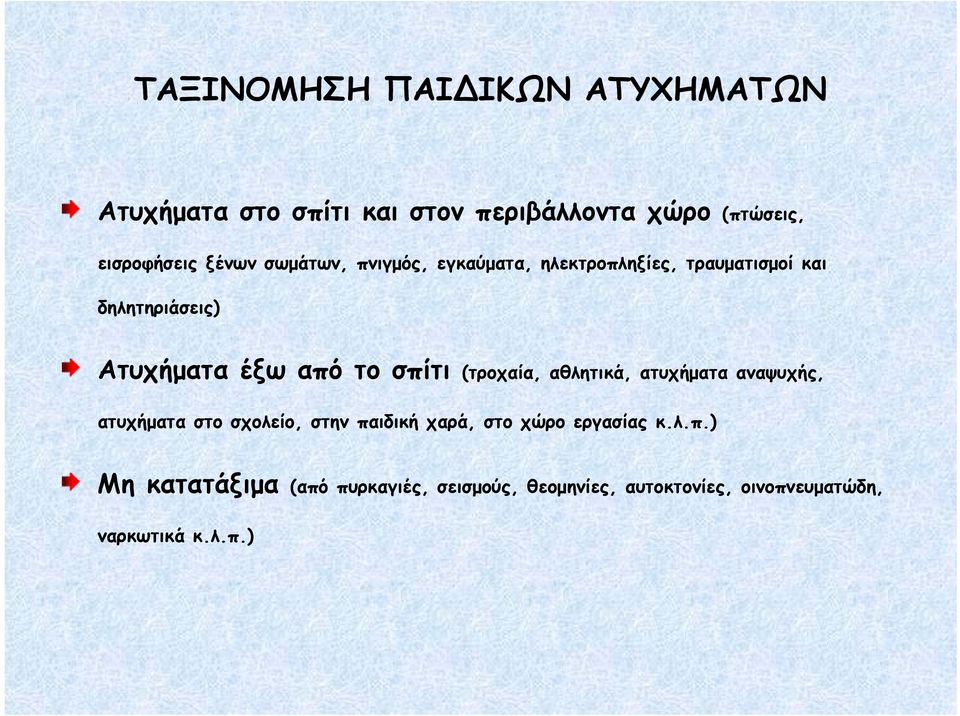 σπίτι (τροχαία, αθλητικά, ατυχήματα αναψυχής, ατυχήματα στο σχολείο, στην παιδική χαρά, στο χώρο