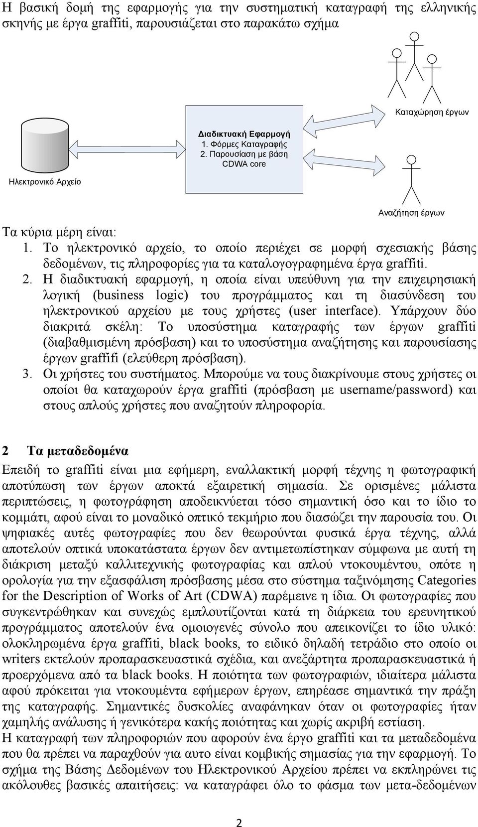 Το ηλεκτρονικό αρχείο, το οποίο περιέχει σε μορφή σχεσιακής βάσης δεδομένων, τις πληροφορίες για τα καταλογογραφημένα έργα graffiti. 2.