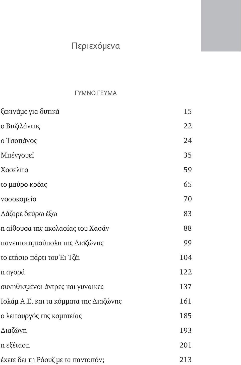 99 το ετήσιο πάρτι του Έι Τζέι 104 η αγορά 122 συνηθισμένοι άντρες και γυναίκες 137 Ισλάμ Α.Ε.