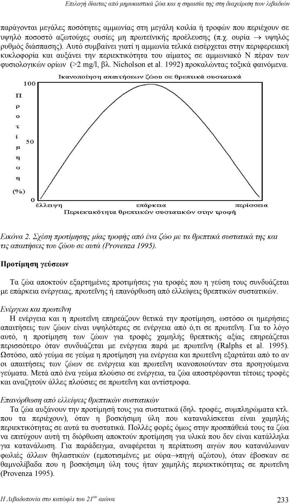 1992) προκαλώντας τοξικά φαινόμενα. Εικόνα 2. Σχέση προτίμησης μίας τροφής από ένα ζώο με τα θρεπτικά συστατικά της και τις απαιτήσεις του ζώου σε αυτά (Provenza 1995).