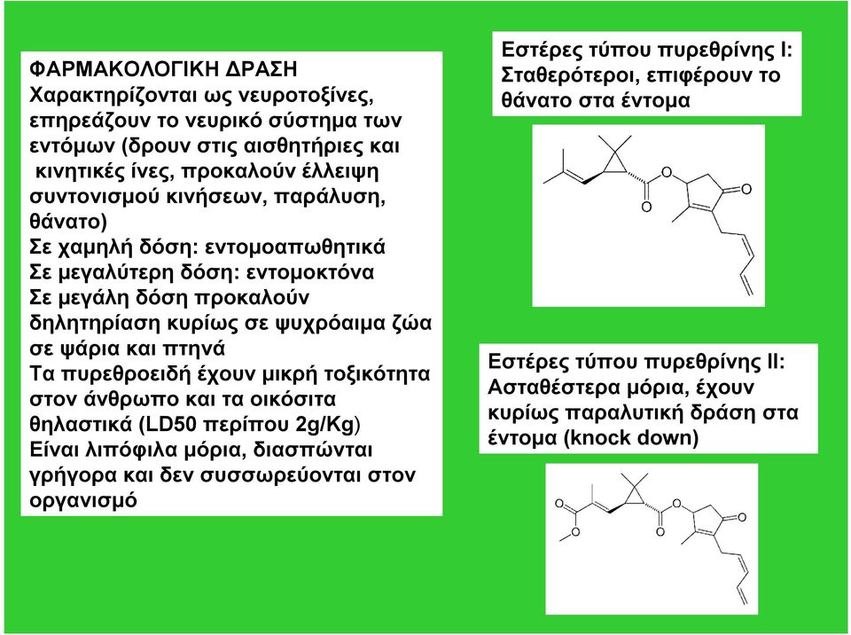 Τα πυρεθροειδή έχουν μικρή τοξικότητα στον άνθρωπο και τα οικόσιτα θηλαστικά (LD50 περίπου 2g/Kg) Είναι λιπόφιλα μόρια, διασπώνται γρήγορα και δεν συσσωρεύονται στον