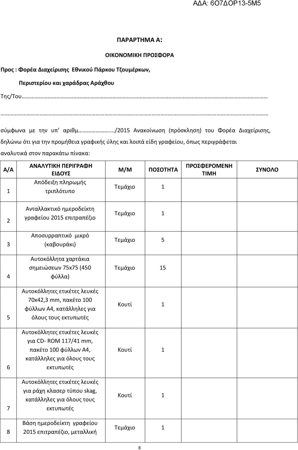 ΕΙΔΟΤ Μ/Μ ΠΟΟΣΗΣΑ ΠΡΟΦΕΡΟΜΕΝΗ ΣΙΜΗ ΤΝΟΛΟ 1 Απόδειξθ πλθρωμισ τριπλότυπο 2 Ανταλλακτικό θμεροδείκτθ γραφείου 2015 επιτραπζηιο 3 Αποςυρραπτικό μικρό (καβουράκι) Σεμάχιο 5 4 Αυτοκόλλθτα χαρτάκια