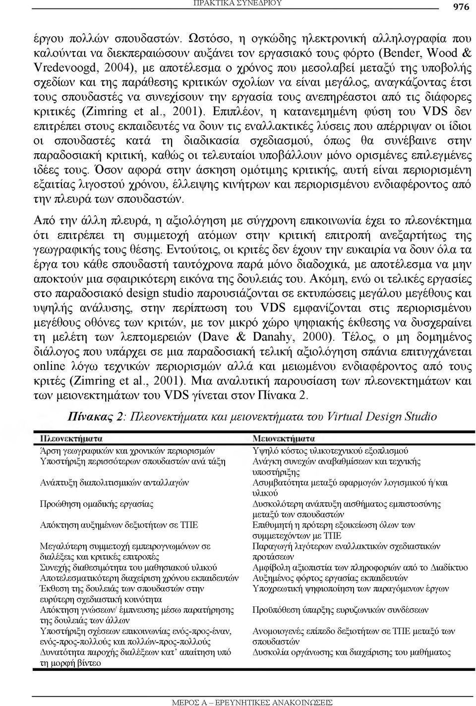 σχεδίων και της παράθεσης κριτικών σχολίων να είναι μεγάλος, αναγκάζοντας έτσι τους σπουδαστές να συνεχίσουν την εργασία τους ανεπηρέαστοι από τις διάφορες κριτικές (Zimring et al., 2001).