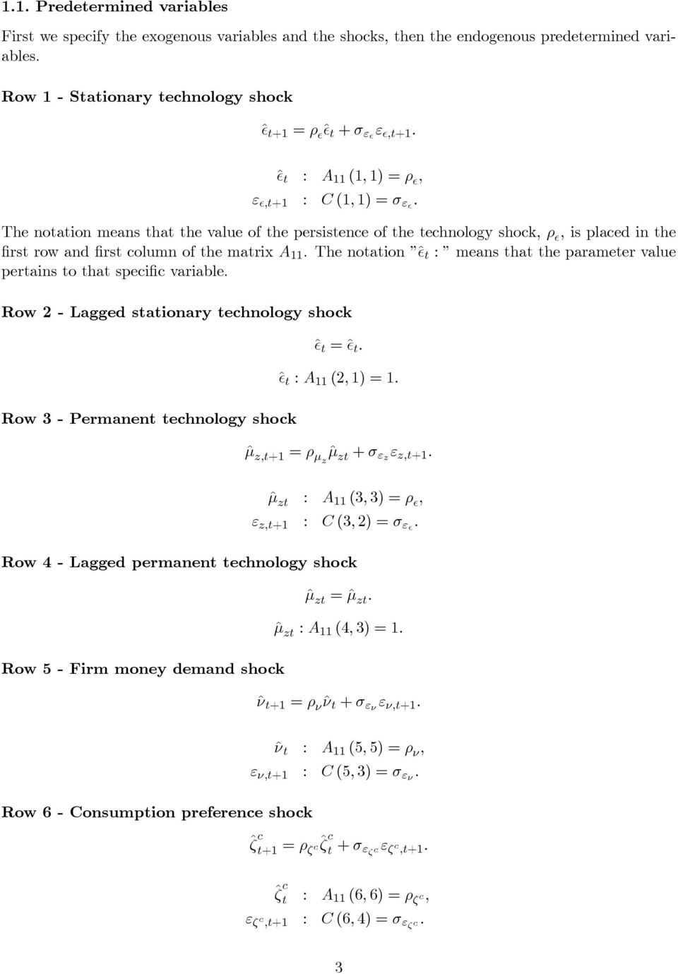 The noaion ˆ : means ha he parameer value perains o ha speifi variable. Row 2 - Lagged saionary ehnology shok Row 3 - Permanen ehnology shok ˆ =ˆ. ˆ : A 11 (2, 1) = 1. ˆ,+1 = ρ μz ˆ + σ εz ε z,+1.