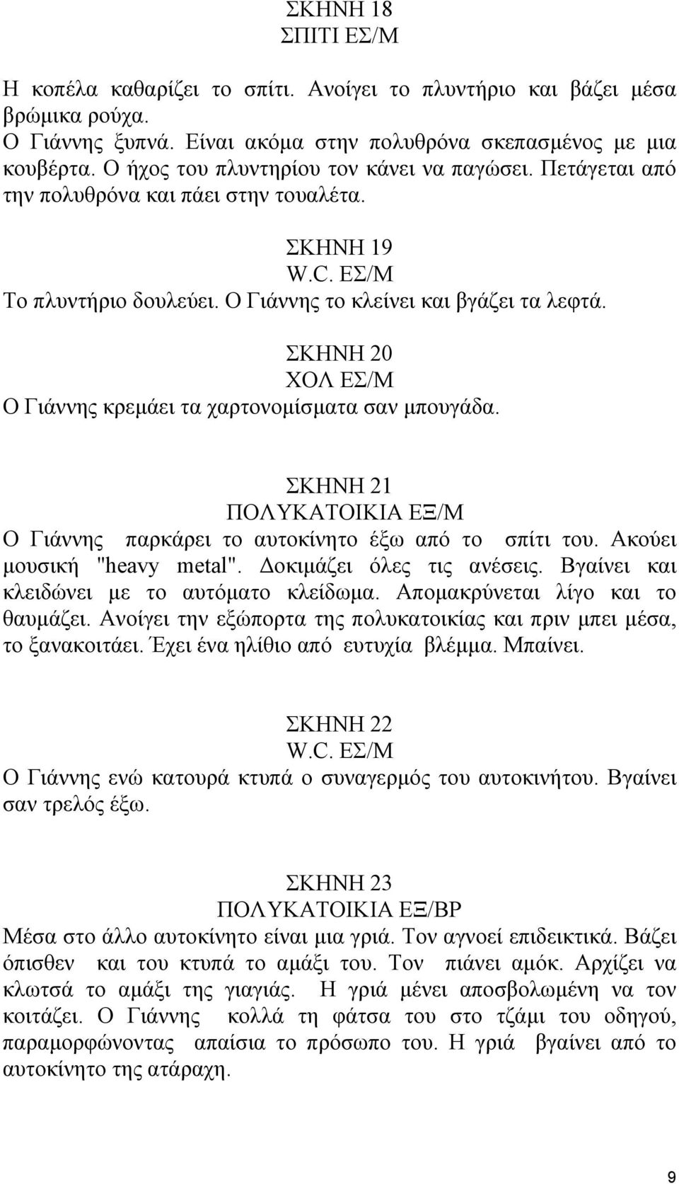 ΣΚΗΝΗ 20 ΧΟΛ ΕΣ/Μ Ο Γιάννης κρεµάει τα χαρτονοµίσµατα σαν µπουγάδα. ΣΚΗΝΗ 21 ΠΟΛΥΚΑΤΟΙΚΙΑ ΕΞ/Μ Ο Γιάννης παρκάρει το αυτοκίνητο έξω από το σπίτι του. Ακούει µουσική "heavy metal".