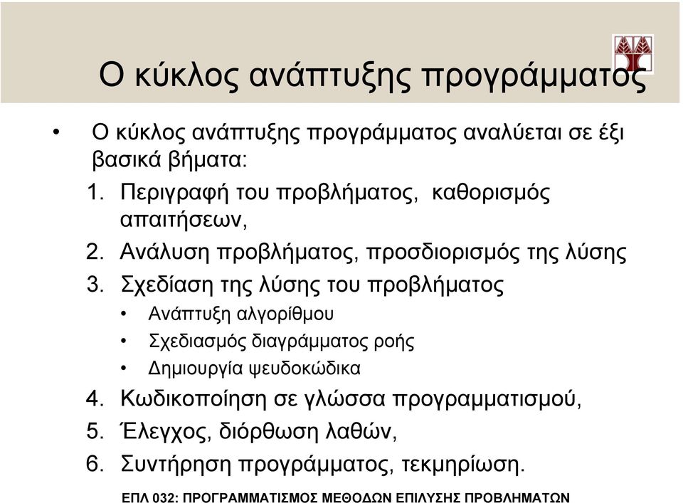 Σχεδίαση της λύσης του προβλήµατος Ανάπτυξη αλγορίθµου Σχεδιασµός διαγράµµατος ροής ηµιουργία