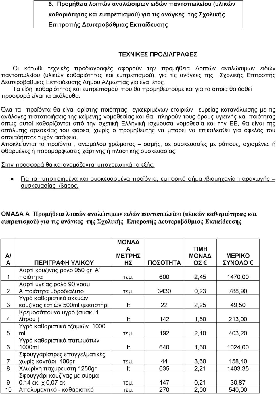 έτος. Τα είδη καθαριότητας και ευπρεπισμού που θα προμηθευτούμε και για τα οποία θα δοθεί προσφορά είναι τα ακόλουθα: Όλα τα προϊόντα θα είναι αρίστης ποιότητας εγκεκριμένων εταιριών ευρείας