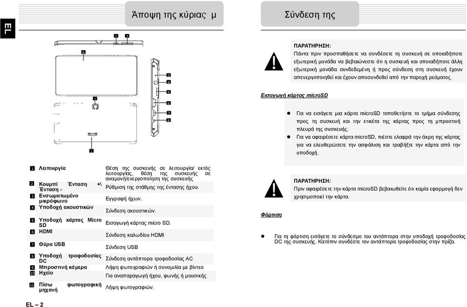 1 5 6 Εισαγωγή κάρτας microsd 1 7 8 Για να εισάγετε μια κάρτα microsd τοποθετήστε το τμήμα σύνδεσης προς τη συσκευή και την ετικέτα της κάρτας προς τη μπροστινή πλευρά της συσκευής.