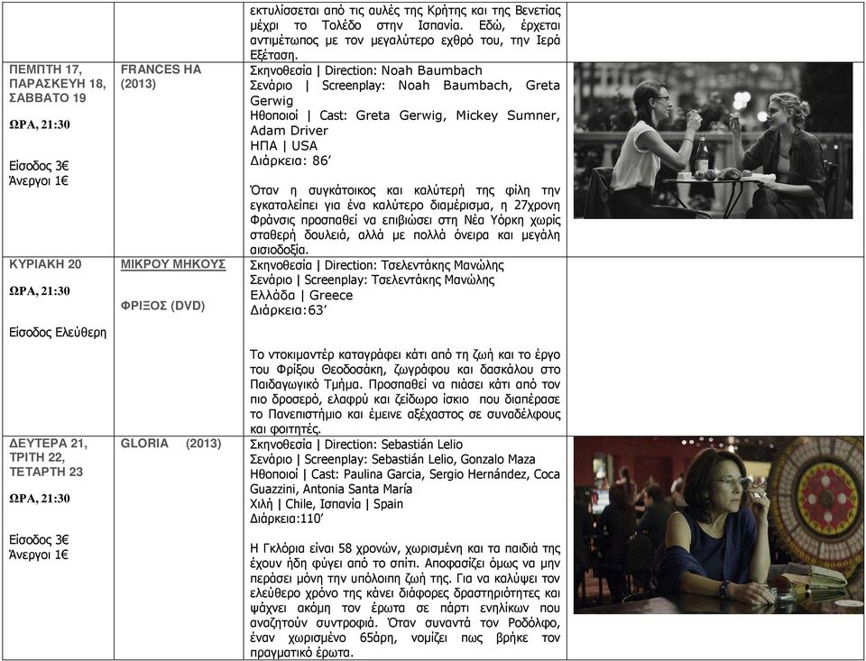 Σκηνοθεσία Direction: Noah Baumbach Σενάριο Screenplay: Noah Baumbach, Greta Gerwig Ηθοποιοί Cast: Greta Gerwig, Mickey Sumner, Adam Driver ΗΠΑ USA Διάρκεια: 86 Όταν η συγκάτοικος και καλύτερή της