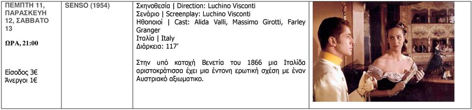 Girotti, Farley Granger Ιταλία Italy Διάρκεια: 117 Στην υπό κατοχή Βενετία του