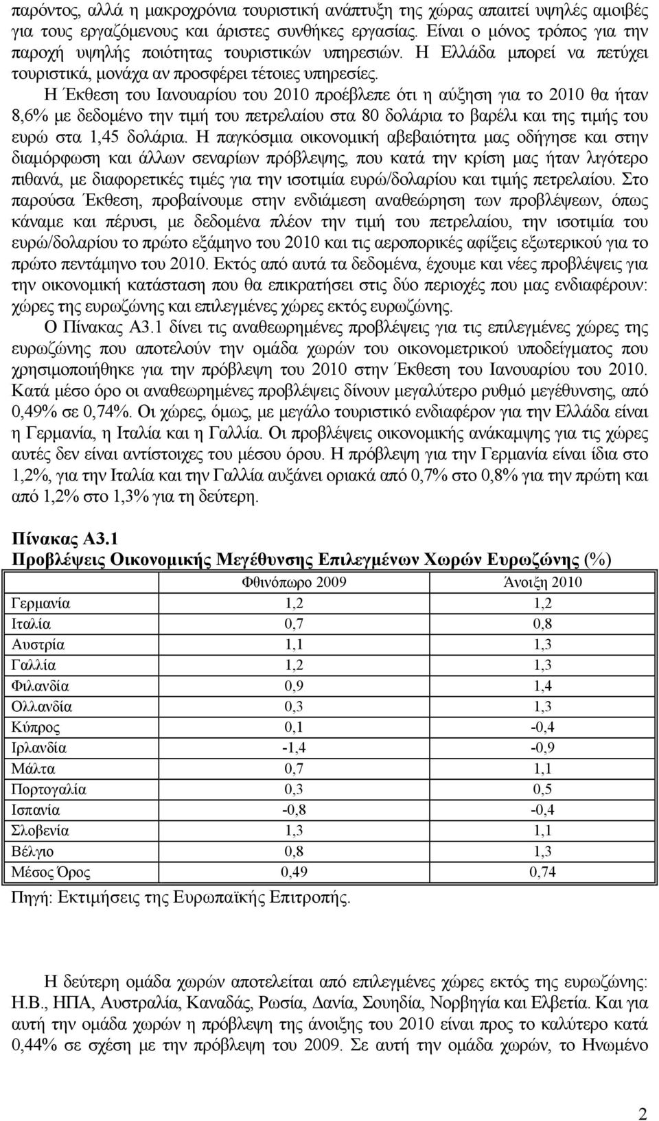 Η Έκθεση του Ιανουαρίου του 2010 προέβλεπε ότι η αύξηση για το 2010 θα ήταν 8,6% με δεδομένο την τιμή του πετρελαίου στα 80 δολάρια το βαρέλι και της τιμής του ευρώ στα 1,45 δολάρια.