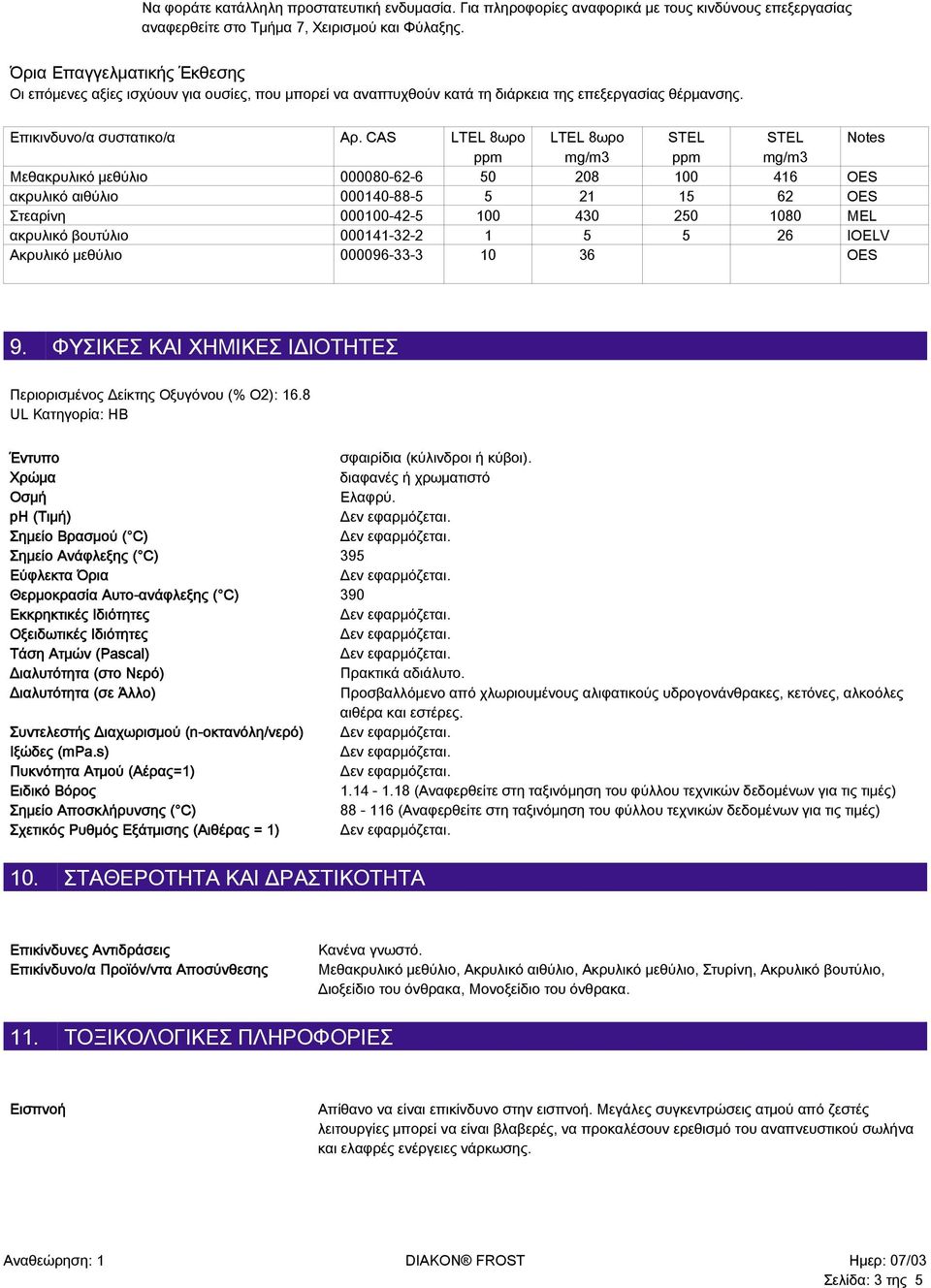 CAS LTEL 8ωρο LTEL 8ωρο STEL STEL Notes ppm mg/m3 ppm mg/m3 Μεθακρυλικό μεθύλιο 000080-62-6 50 208 100 416 OES ακρυλικό αιθύλιο 000140-88-5 5 21 15 62 OES Στεαρίνη 000100-42-5 100 430 250 1080 MEL