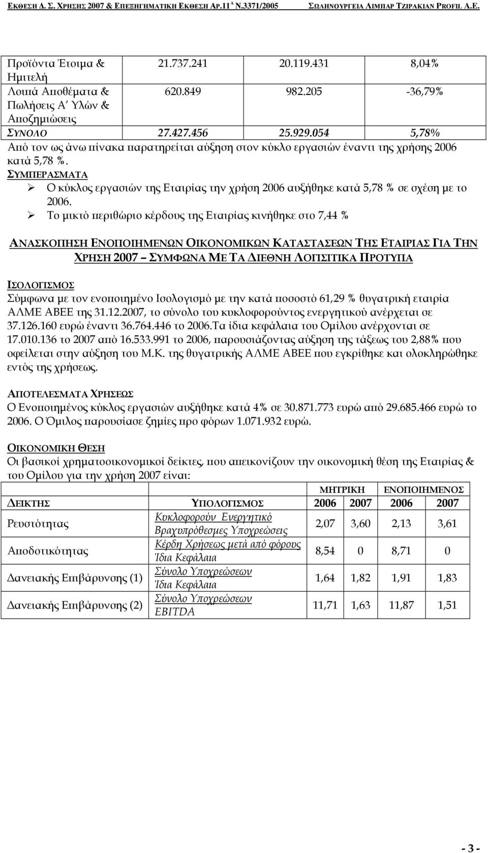 ΣΥΜΠΕΡΑΣΜΑΤΑ Ο κύκλος εργασιών της Εταιρίας την χρήση 2006 αυξήθηκε κατά 5,78 % σε σχέση µε το 2006.