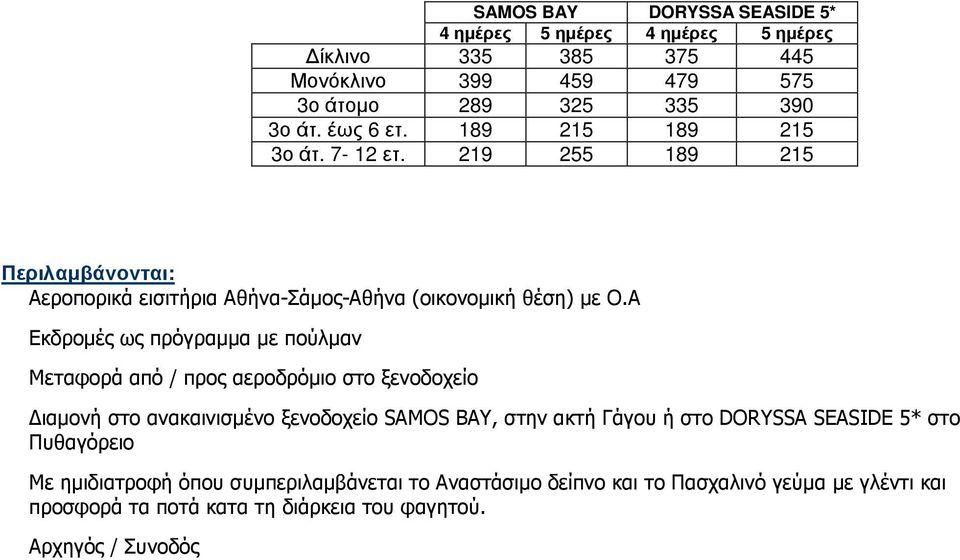 Α Εκδροµές ως πρόγραµµα µε πούλµαν Μεταφορά από / προς αεροδρόµιο στο ξενοδοχείο ιαµονή στο ανακαινισµένο ξενοδοχείο SAMOS BAY, στην ακτή Γάγου ή στο