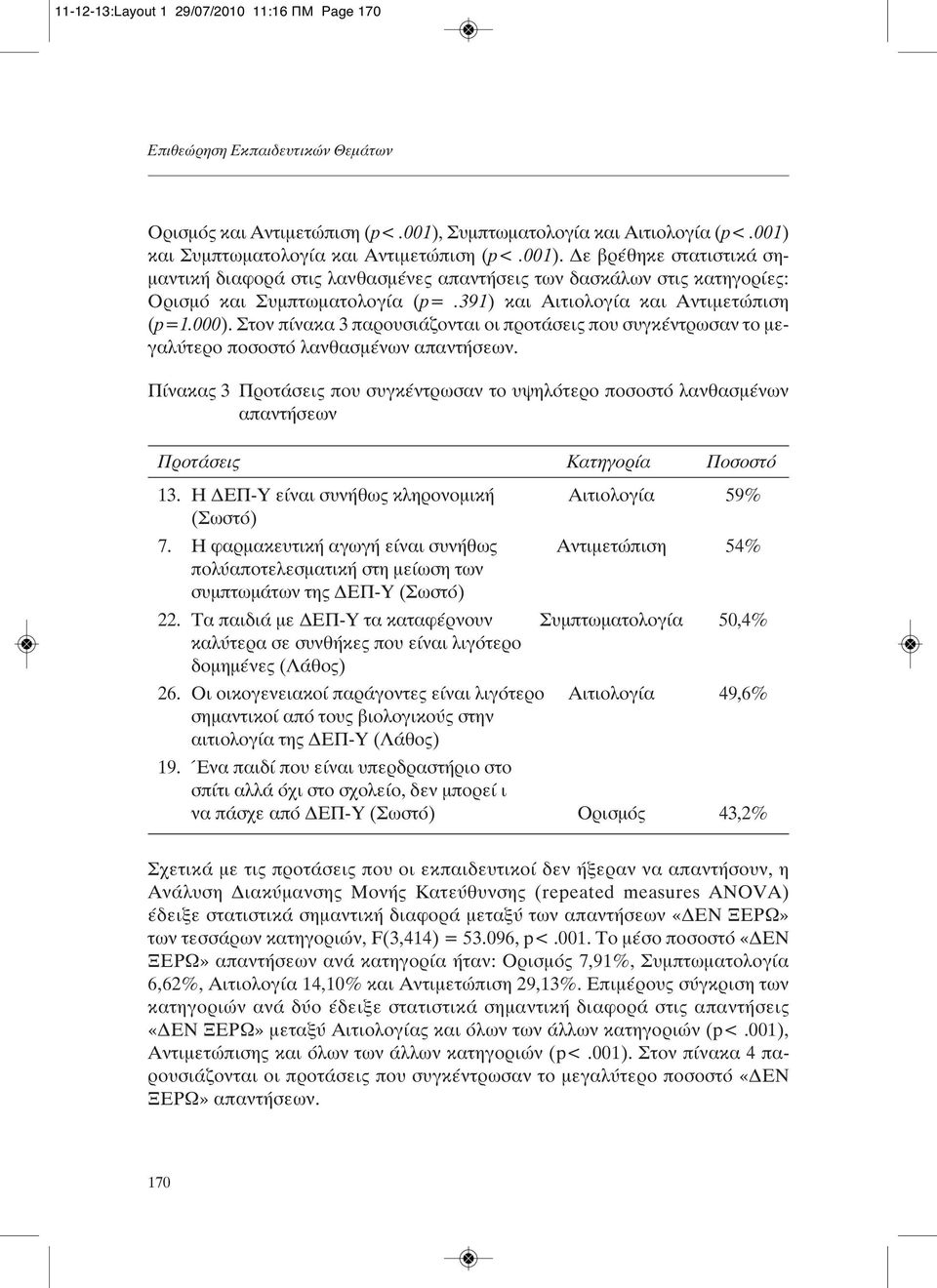 Στον πίνακα 3 παρουσιάζονται οι προτάσεις που συγκέντρωσαν το μεγαλύτερο ποσοστό λανθασμένων απαντήσεων.