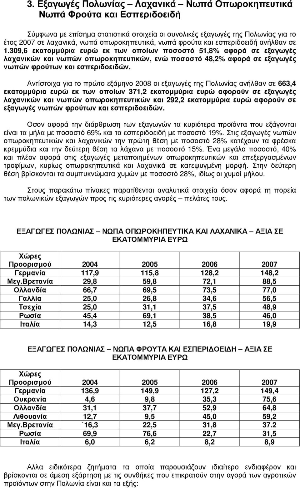 309,6 εκατοµµύρια ευρώ εκ των οποίων ποσοστό 51,8% αφορά σε εξαγωγές λαχανικών και νωπών οπωροκηπευτικών, ενώ ποσοστό 48,2% αφορά σε εξαγωγές νωπών φρούτων και εσπεριδοειδών.