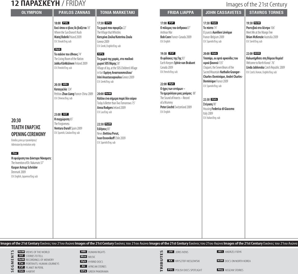 sub 20:30 Καταγγελία 124 Petition Zhao Liang France-China 2009 23:00 Η συγχώρεση 65 The Forgiveness Ventura Durall Spain 2009 O.V. Spanish, Catalan/Eng.