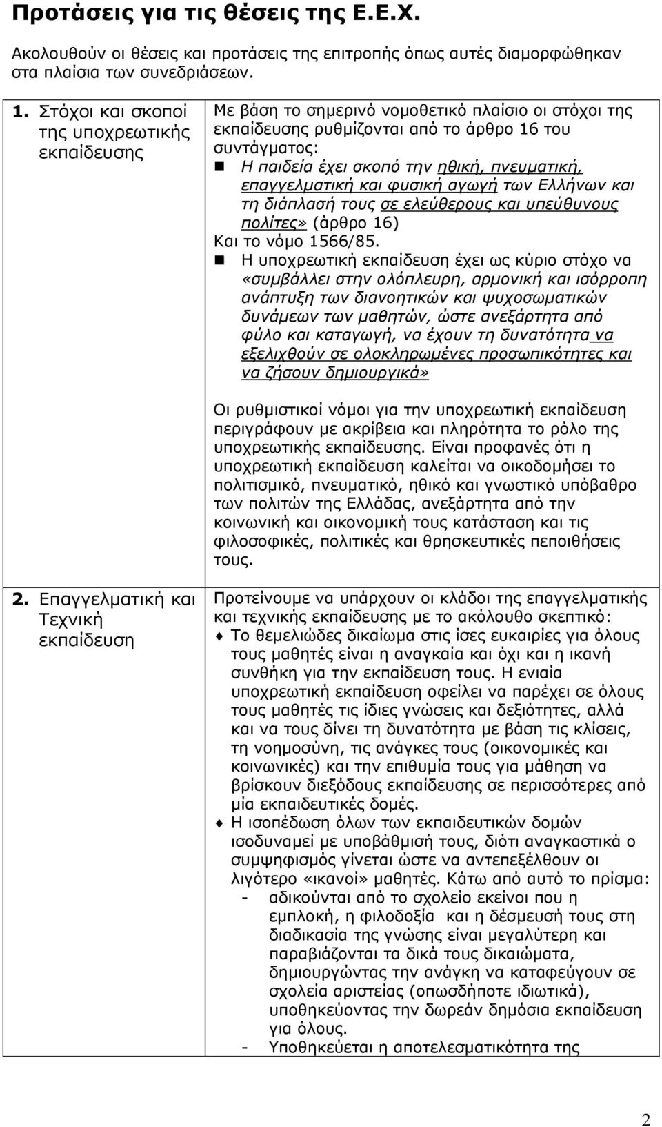 πνευµατική, επαγγελµατική και φυσική αγωγή των Ελλήνων και τη διάπλασή τους σε ελεύθερους και υπεύθυνους πολίτες» (άρθρο 16) Και το νόµο 1566/85.