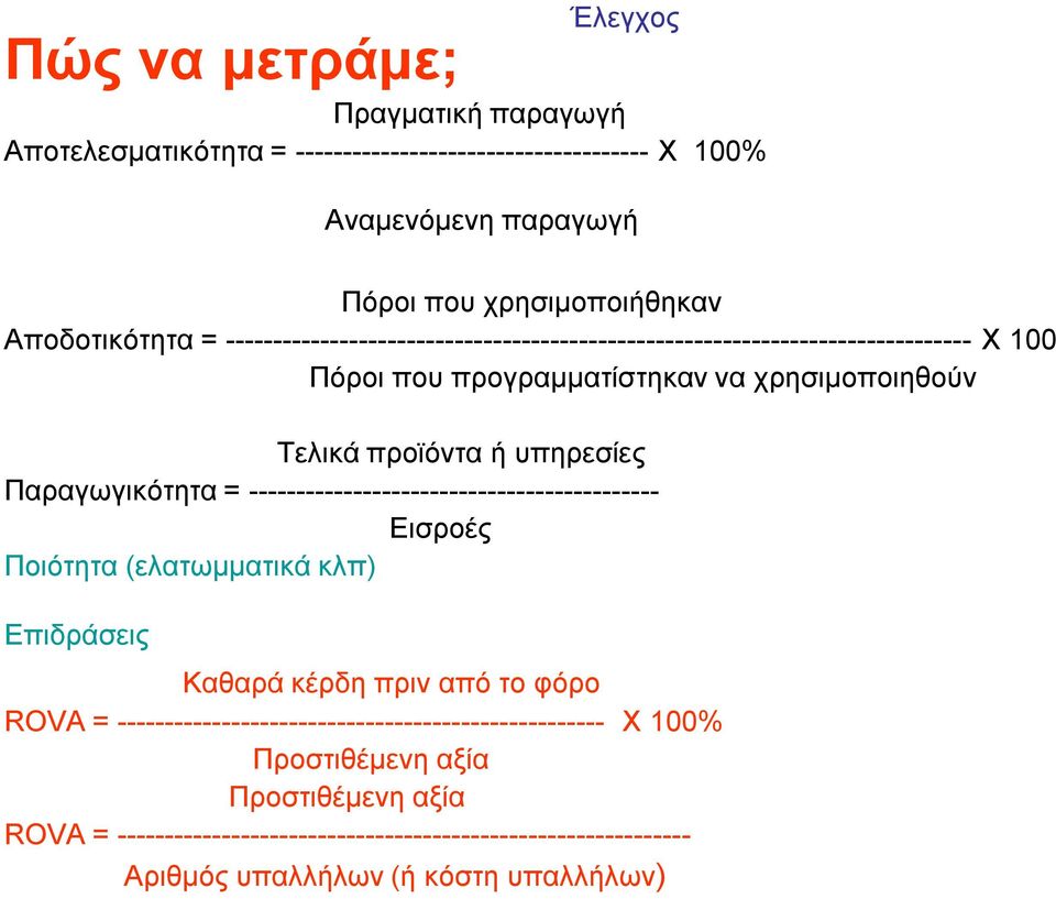 Παξαγσγηθφηεηα = ------------------------------------------- Δηζξνέο Πνηφηεηα (ειαησκκαηηθά θιπ) Δπηδξάζεηο Καζαξά θέξδε πξηλ απφ ην θφξν ROVA =