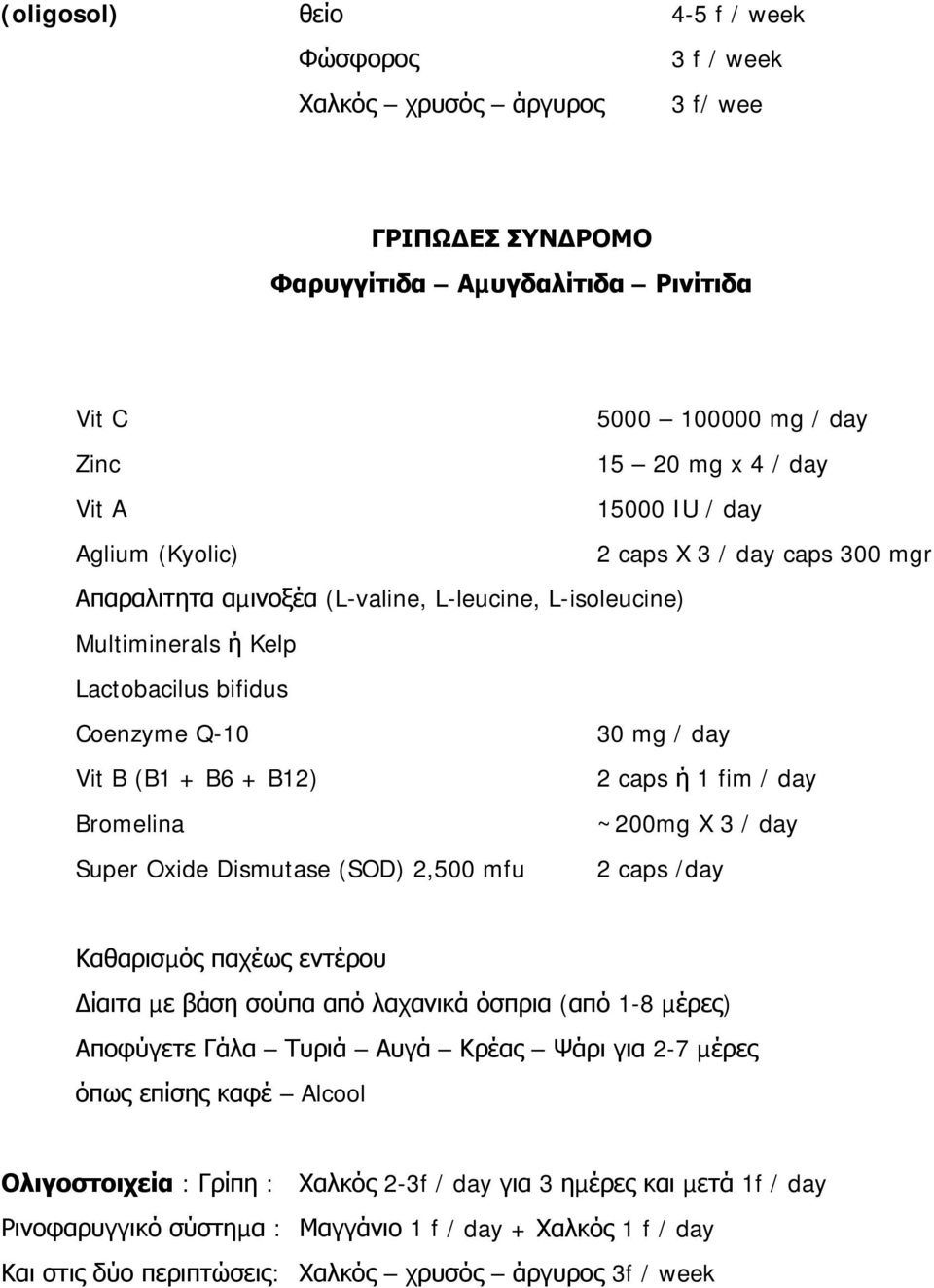 caps ή 1 fim / day Bromelina ~200mg X 3 / day Super Oxide Dismutase (SOD) 2,500 mfu 2 caps /day Καθαρισµός παχέως εντέρου ίαιτα µε βάση σούπα από λαχανικά όσπρια (από 1-8 µέρες) Αποφύγετε Γάλα Τυριά