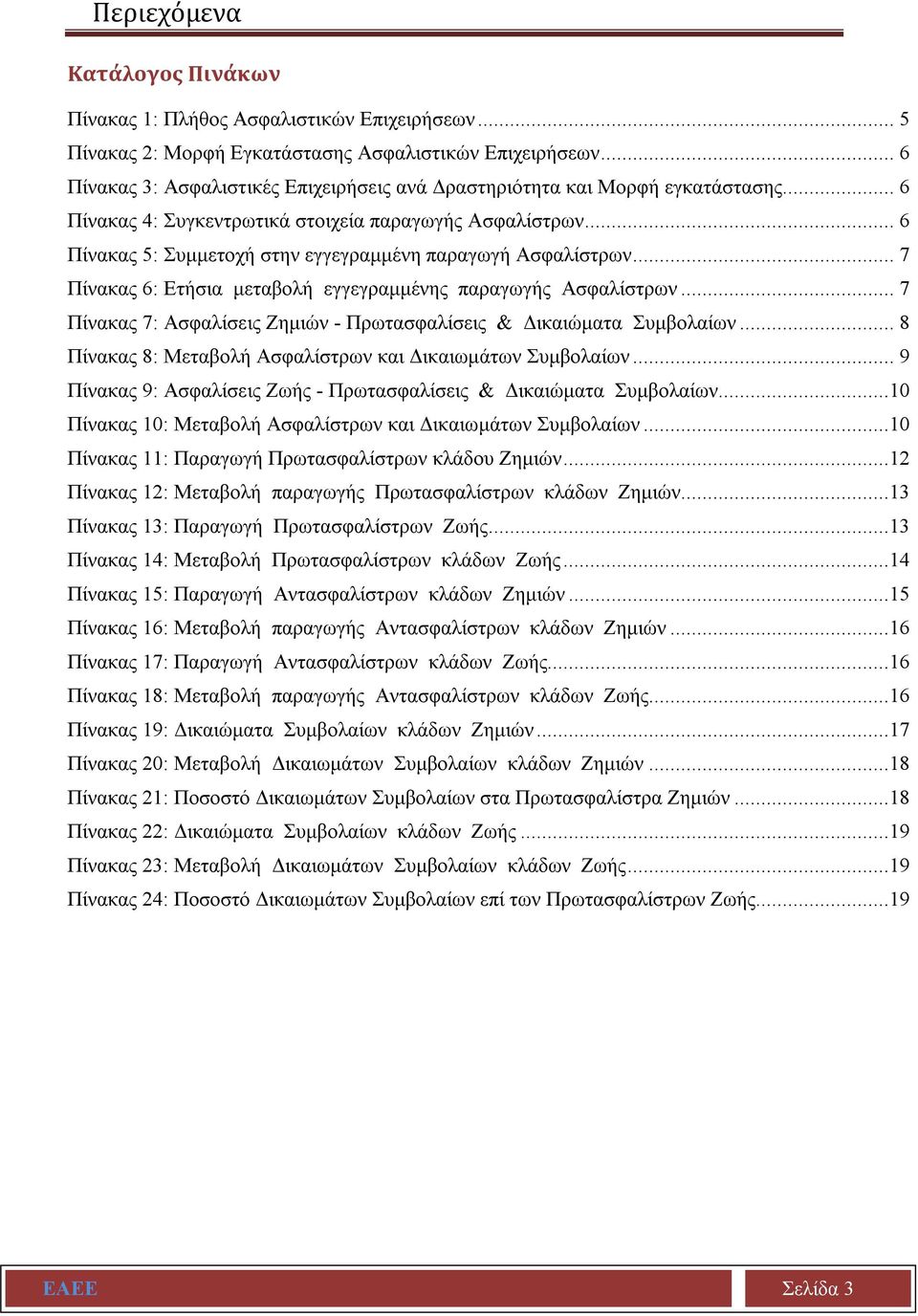 .. 6 Πίνακας 5: Συμμετοχή στην εγγεγραμμένη παραγωγή Ασφαλίστρων... 7 Πίνακας 6: Ετήσια μεταβολή εγγεγραμμένης παραγωγής Ασφαλίστρων.