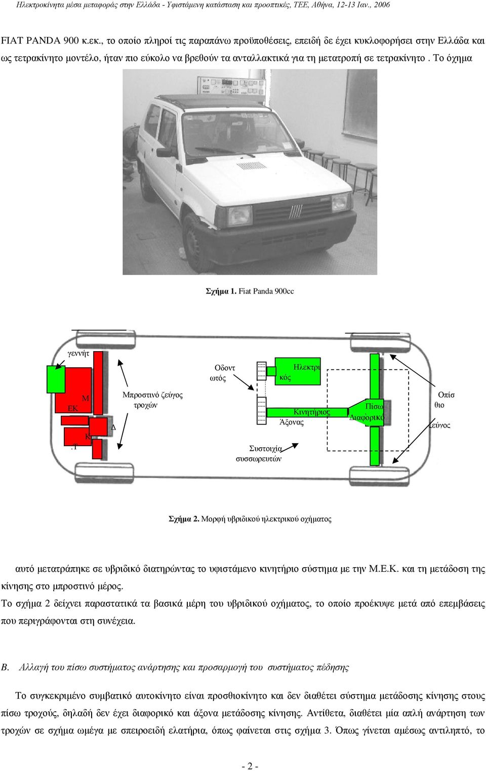 Το όχηµα Σχήµα 1. Fiat Panda 900cc γεννήτ ρια Οδοντ ωτός Ηλεκτρι κός Μ ΕΚ Κ.Τ Μπροστινό ζεύγος τροχών Συστοιχία συσσωρευτών Κινητήριος Άξονας Πίσω ιαφορικό Οπίσ θιο ζεύγος Σχήµα 2.