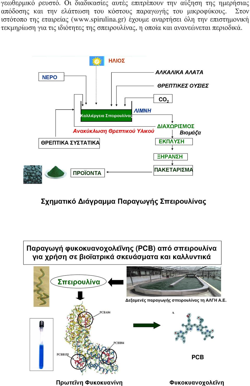 ΗΛΙΟΣ ΝΕΡΟ ΑΛΚΑΛΙΚΑ ΑΛΑΤΑ ΘΡΕΠΤΙΚΕΣ ΟΥΣΙΕΣ CO 2 Καλλιέργεια Σπειρουλίνας ΛΙΜΝΗ ΘΡΕΠΤΙΚΑ ΣΥΣΤΑΤΙΚΑ Ανακύκλωση Θρεπτικού Υλικού ΙΑΧΩΡΙΣΜΟΣ Βιοµάζα ΕΚΠΛΥΣΗ ΞΗΡΑΝΣΗ ΠPΟΪΟΝΤΑ ΠΑΚΕΤΑΡΙΣΜΑ