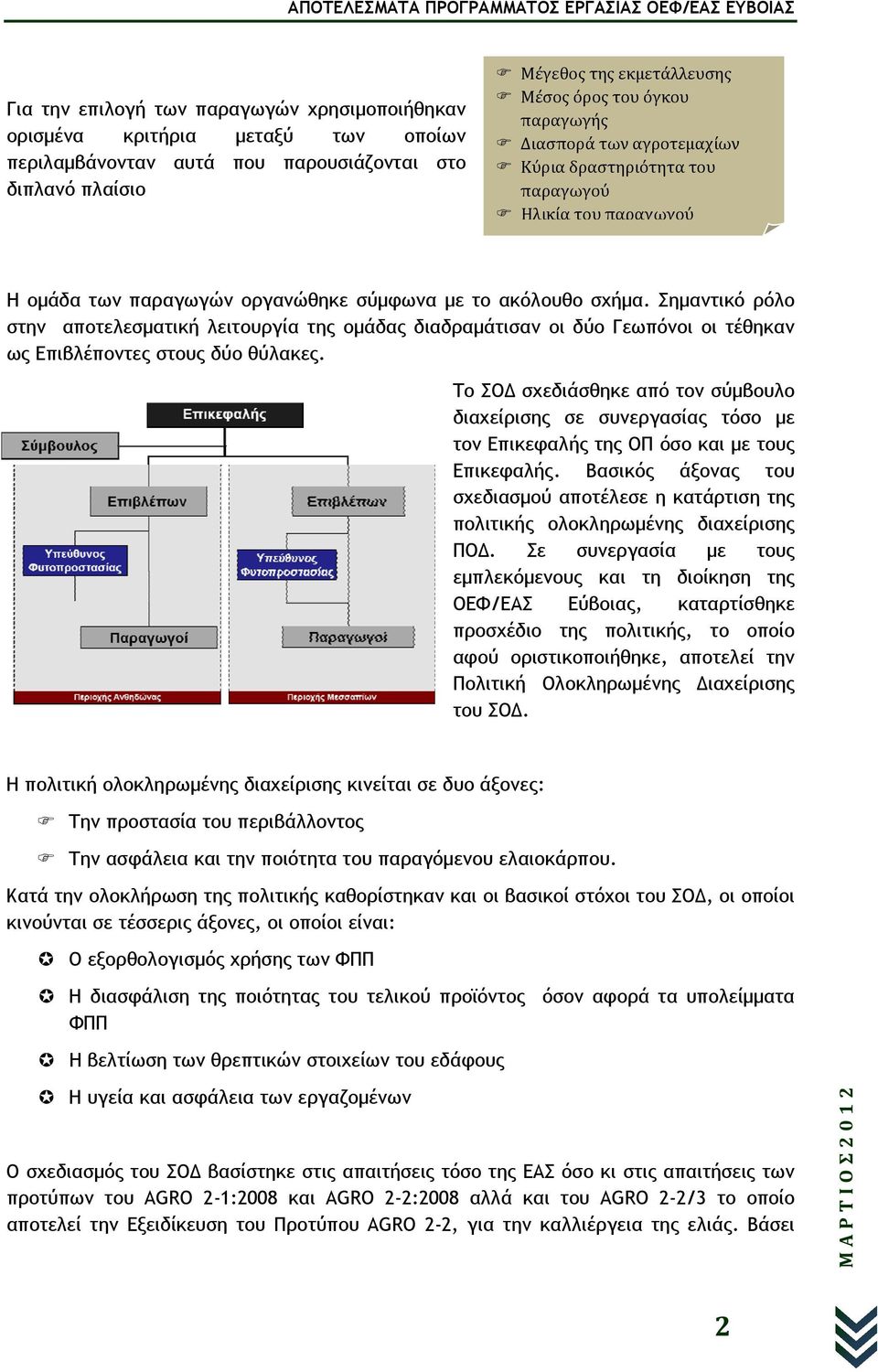 Σημαντικό ρόλο στην αποτελεσματική λειτουργία της ομάδας διαδραμάτισαν οι δύο Γεωπόνοι οι τέθηκαν ως Επιβλέποντες στους δύο θύλακες.