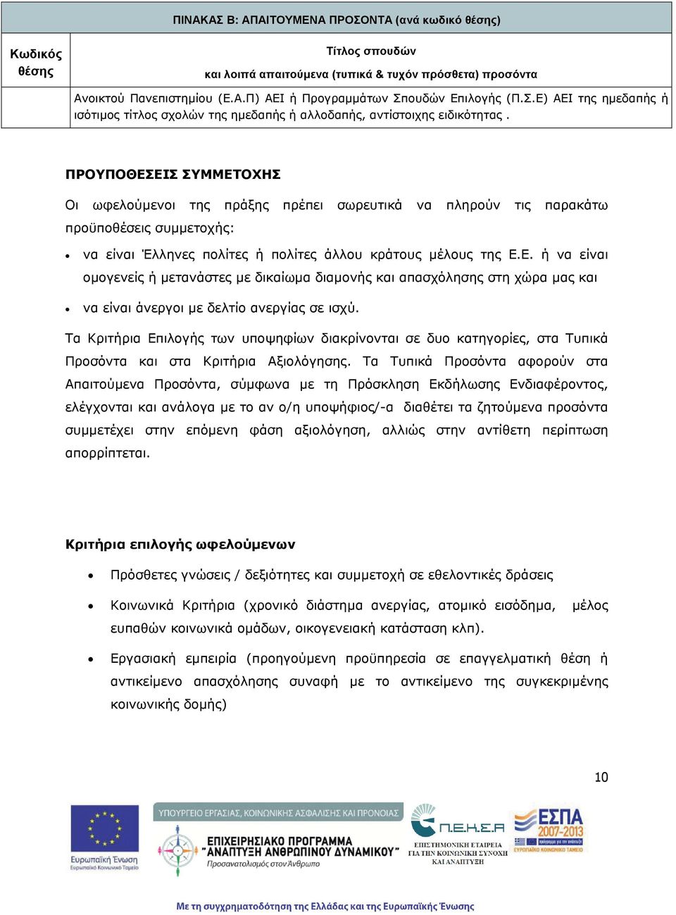 ΠΡΟΥΠΟΘΕΣΕΙΣ ΣΥΜΜΕΤΟΧΗΣ Οι ωφελούμενοι της πράξης πρέπει σωρευτικά να πληρούν τις παρακάτω προϋποθέσεις συμμετοχς: να είναι Έλληνες πολίτες πολίτες άλλου κράτους μέλους της Ε.Ε. να είναι ομογενείς μετανάστες με δικαίωμα διαμονς και απασχόλησης στη χώρα μας και να είναι άνεργοι με δελτίο ανεργίας σε ισχύ.