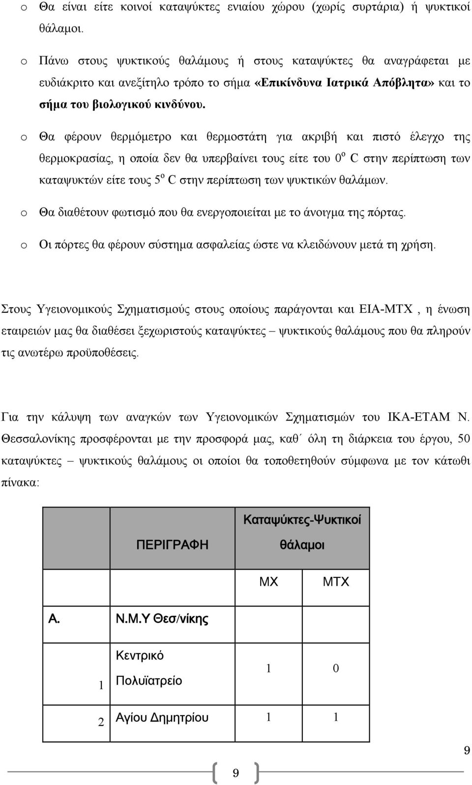 o Θα φέρουν θερμόμετρο και θερμοστάτη για ακριβή και πιστό έλεγχο της θερμοκρασίας, η οποία δεν θα υπερβαίνει τους είτε του 0 ο C στην περίπτωση των καταψυκτών είτε τους 5 ο C στην περίπτωση των