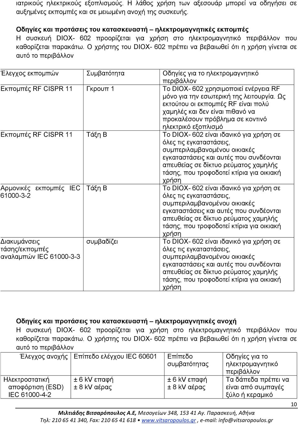 Ο χρήστης του DIOX- 602 πρέπει να βεβαιωθεί ότι η χρήση γίνεται σε αυτό το περιβάλλον Έλεγχος εκποµπών Συµβατότητα Οδηγίες για το ηλεκτροµαγνητικό περιβάλλον Εκποµπές RF CISPR 11 Γκρουπ 1 Το DIOX-