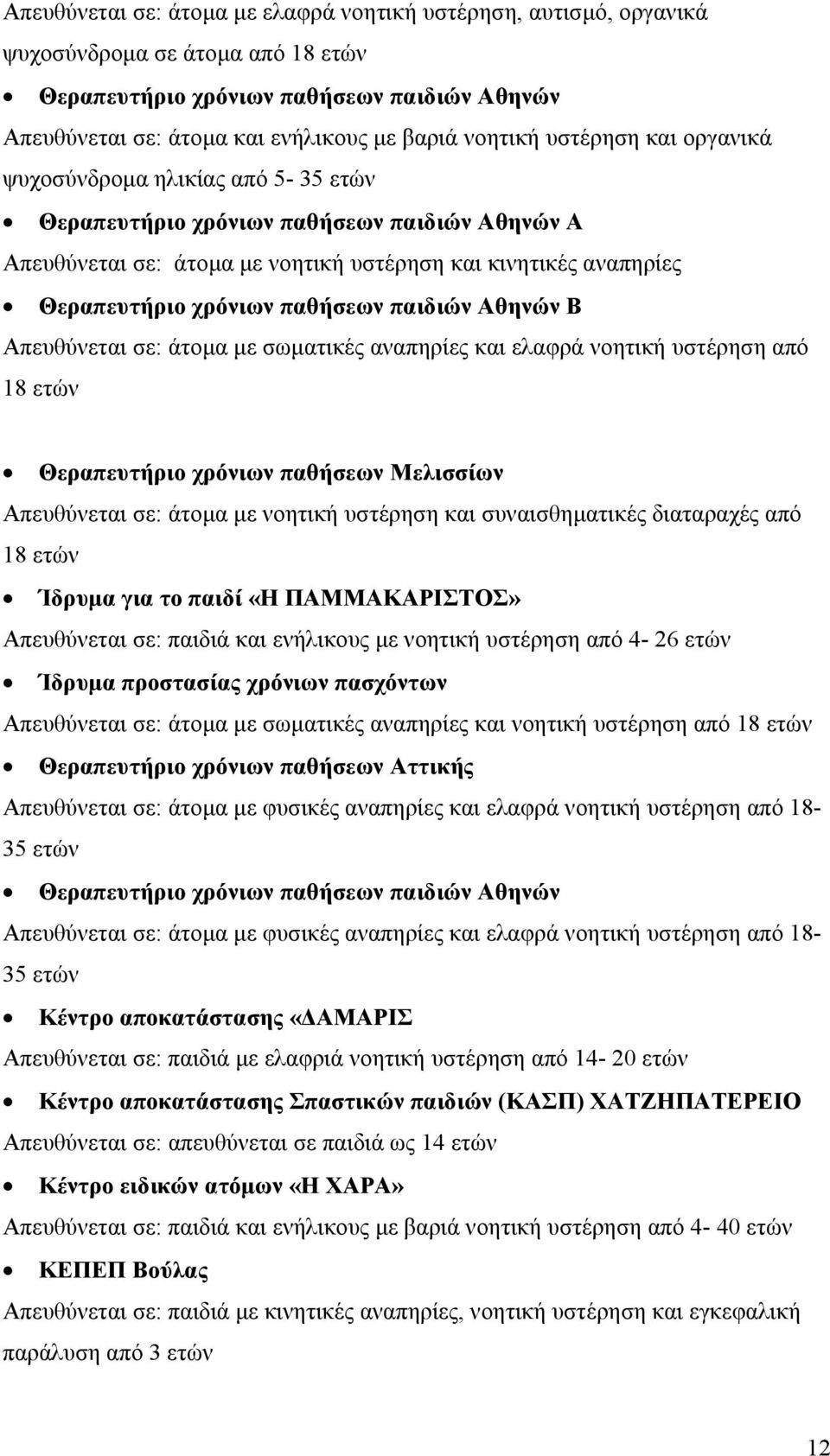 παιδιών Αθηνών Β Απευθύνεται σε: άτοµα µε σωµατικές αναπηρίες και ελαφρά νοητική υστέρηση από 18 ετών Θεραπευτήριο χρόνιων παθήσεων Μελισσίων Απευθύνεται σε: άτοµα µε νοητική υστέρηση και