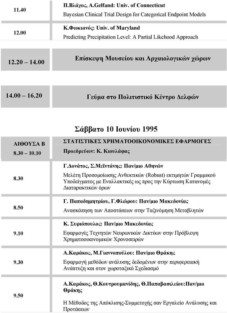 20 Γεύμα στο Πολιτιστικό Κέντρο Δελφών Σάββατο 10 Ιουνίου 1995 ΑΙΘΟΥΣΑ Β 8.30 10.10 8.30 8.50 9.10 9.30 9.50 ΣΤΑΤΙΣΤΙΚΕΣ ΧΡΗΜΑΤΟΟΙΚΟΝΟΜΙΚΕΣ ΕΦΑΡΜΟΓΕΣ Προεδρεύων: Κ. Κιουλάφας Γ.Δονάτος, Σ.