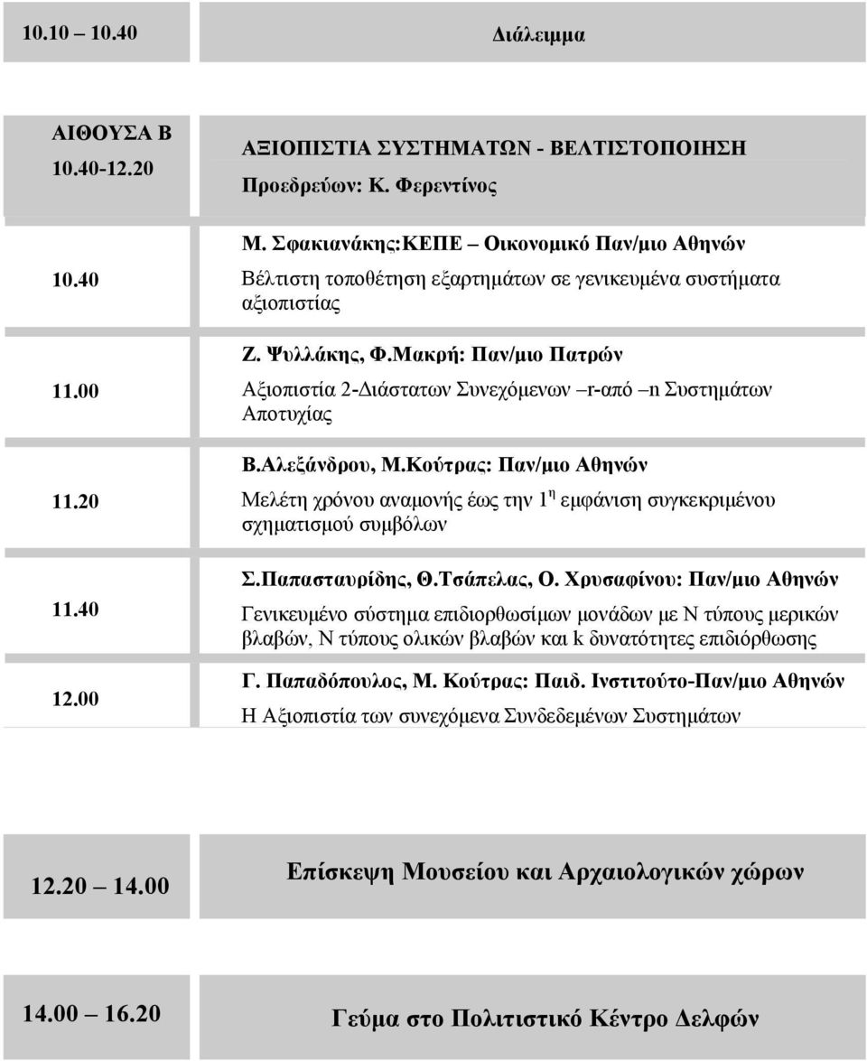 Μακρή: Παν/μιο Πατρών Αξιοπιστία 2-Διάστατων Συνεχόμενων r-από n Συστημάτων Αποτυχίας Β.Αλεξάνδρου, Μ.