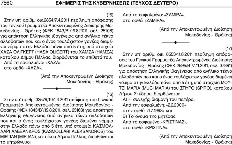 (ΗΑΜΖΑ) κατοίκου Δήμου Πέλλας, διορθώνεται το επίθετό του: Από το εσφαλμένο: «ΧΑΖΑ», στο ορθό: «ΧΑΣΑ». (Από την Αποκεντρωμένη Διοίκηση Μακεδονίας Θράκης) (16) Στην υπ αριθμ. 32579/10/1.4.