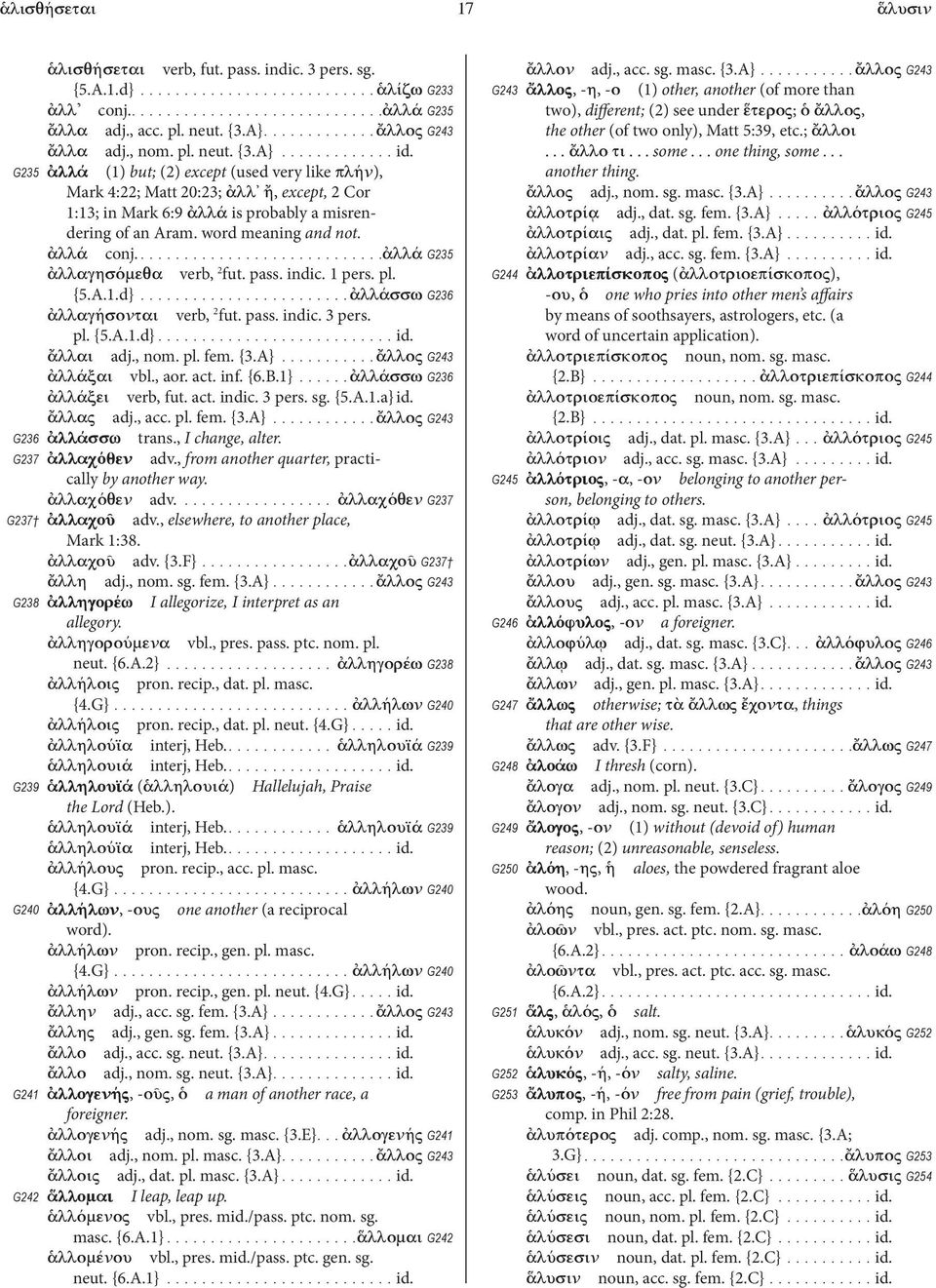 ἀλλά G235 ἀλλαγησόμεθα verb, 2 fut. pass. indic. 1 pers. pl. {5.A.1.d} ἀλλάσσω G236 ἀλλαγήσονται verb, 2 fut. pass. indic. 3 pers. pl. {5.A.1.d} id. ἄλλαι adj., nom. pl. fem. {3.