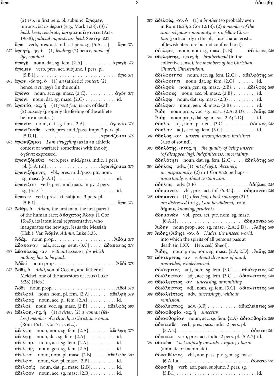 act. subjunc. 1 pers. pl. {5.B.1} ἄγω G71 G73 ἀγών, -ῶνος, ὁ (1) an (athletic) contest; (2) hence, a struggle (in the soul). ἀγῶνα noun, acc. sg. masc. {2.C} ἀγών G73 ἀγῶνι noun, dat. sg. masc. {2.C} id.