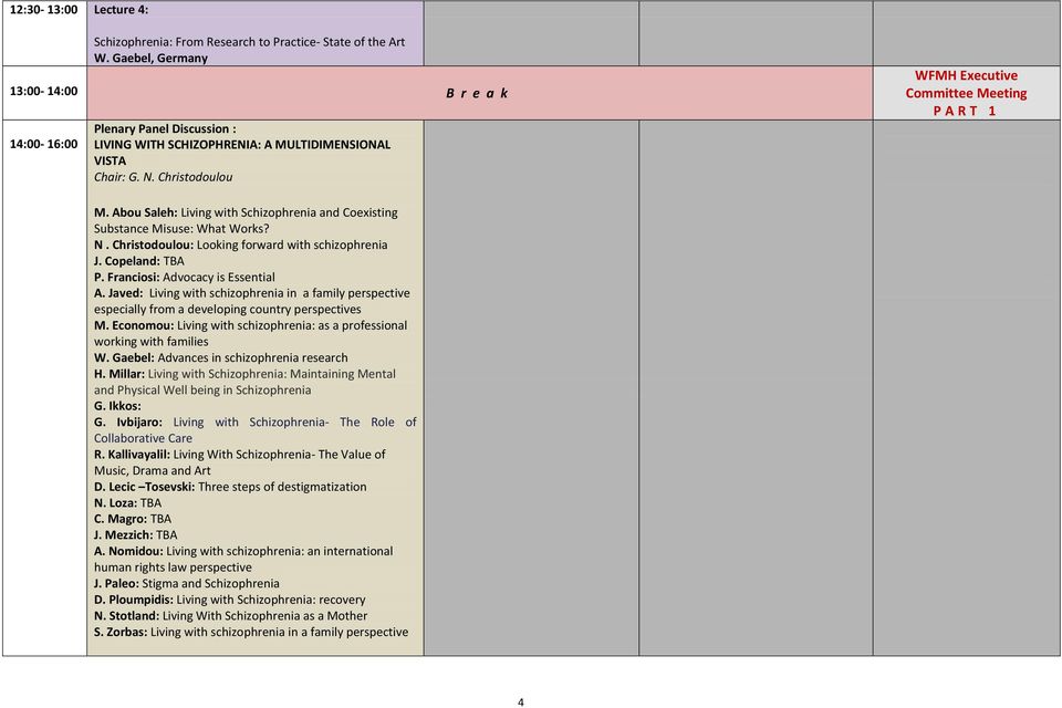 Christodoulou WFMH Executive Committee Meeting P A R T 1 M. Abou Saleh: Living with Schizophrenia and Coexisting Substance Misuse: What Works? N. Christodoulou: Looking forward with schizophrenia J.