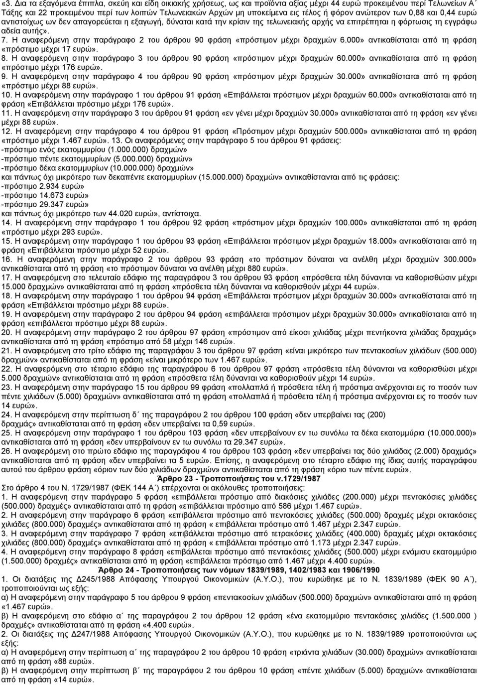 Η αναφερόµενη στην παράγραφο 2 του άρθρου 90 φράση «πρόστιµον µέχρι δραχµών 6.000» αντικαθίσταται από τη φράση «πρόστιµο µέχρι 17 ευρώ». 8.