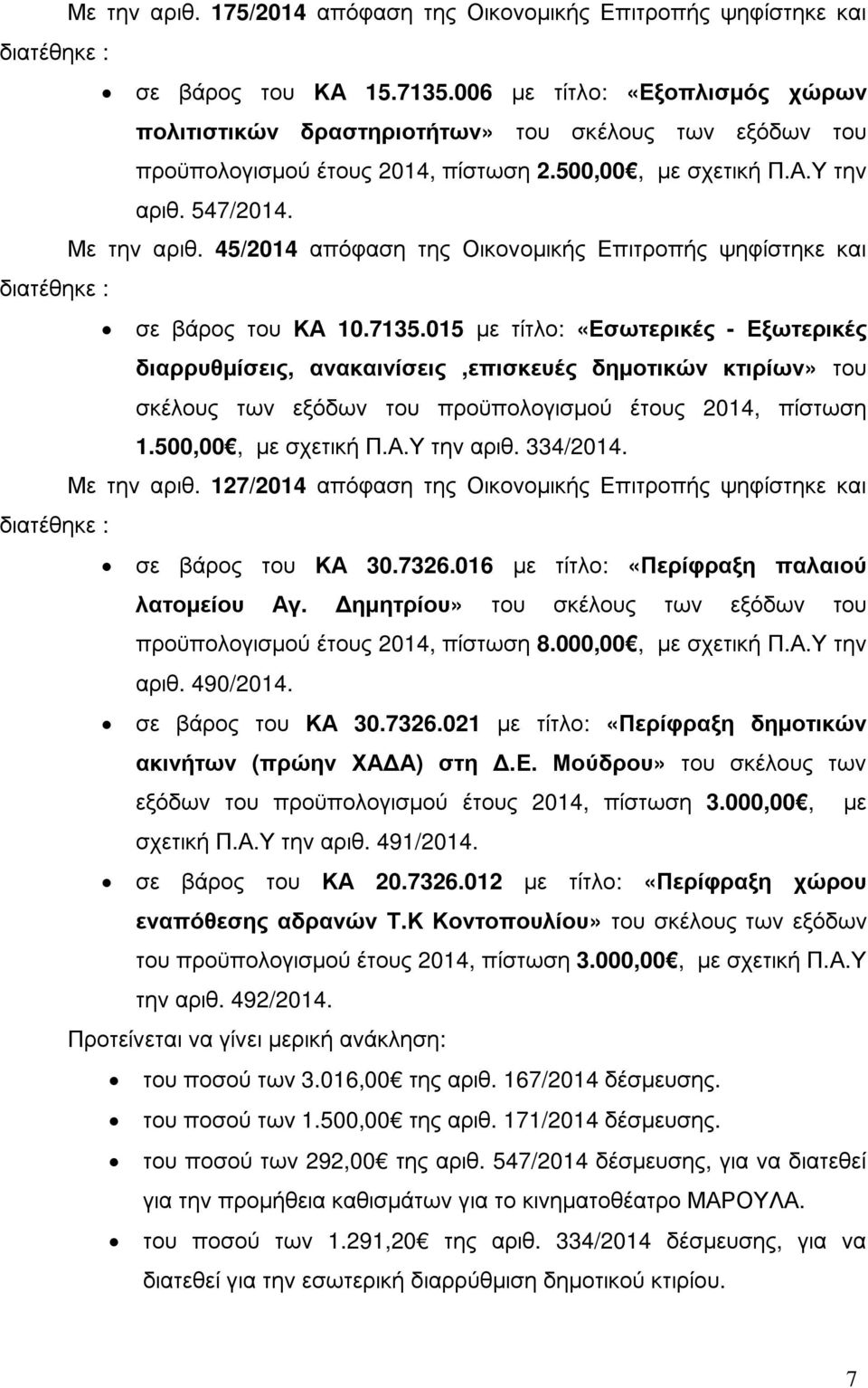 45/2014 απόφαση της Οικονοµικής Επιτροπής ψηφίστηκε και διατέθηκε : σε βάρος του ΚΑ 10.7135.