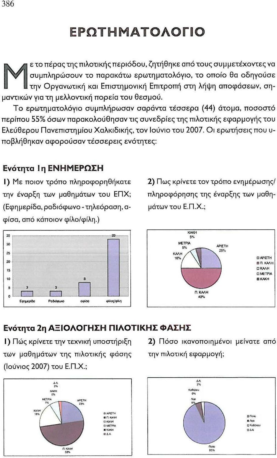 Το ερωτηματολόγιο συμπλήρωσαν σαράντα τέσσερα (44) άτομα, ποσοστό περίπου 55% όσων παρακολούθησαν τις συνεδρίες της πιλοτικής εφαρμογής του Ελεύθερου Πανεπιστημίου Χαλκιδικής, τον Ιούνιο του 2007.