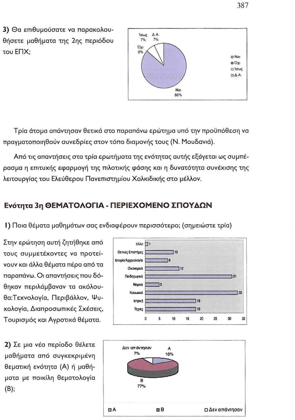 Από τις απαντήσεις στο τρίο ερωτήματα της ενότητος αυτής εξάγεται ως συμπέρασμα η επιτυχής εφαρμογή τη ς π ιλοτικής φάση ς κα ι η δυνατότητα συνέχ ι σης της λε ι τουργίας του Ελεύθερου Π ανεπιστημίου