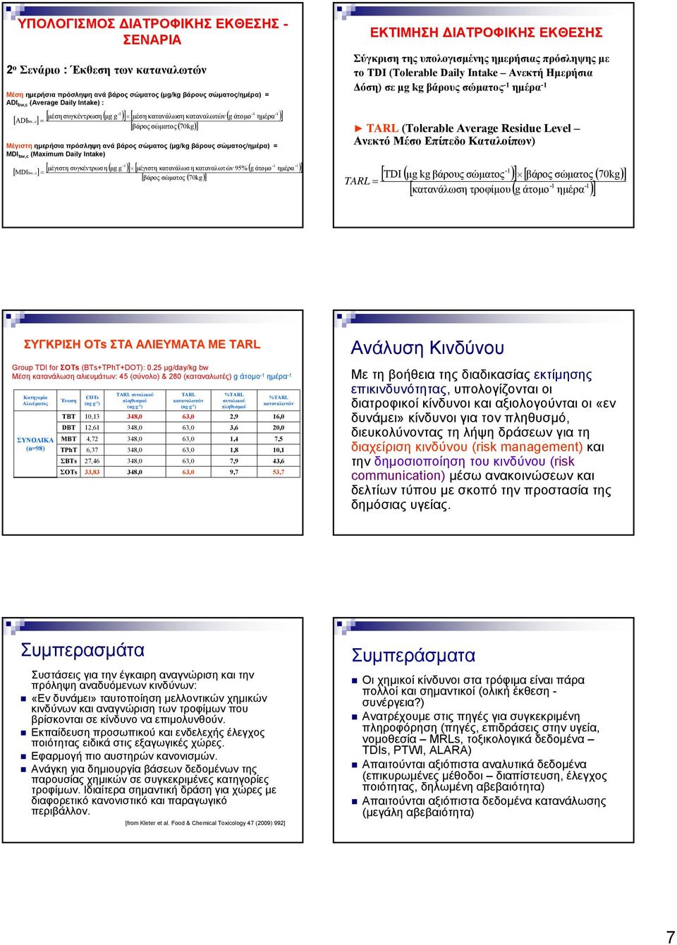 Daily Intake) [ [ μέγιστη συγκέντρωσ η ( μg g ) [ μέγιστη κατανάλωση καταναλωτών 95% ( g άτομο ημέρα ) MDIbw, c = [ βάρος σώματος ( 70kg) ΕΚΤΙΜΗΣΗ ΔΙΑΤΡΟΦΙΚΗΣ ΕΚΘΕΣΗΣ Σύγκριση της υπολογισμένης